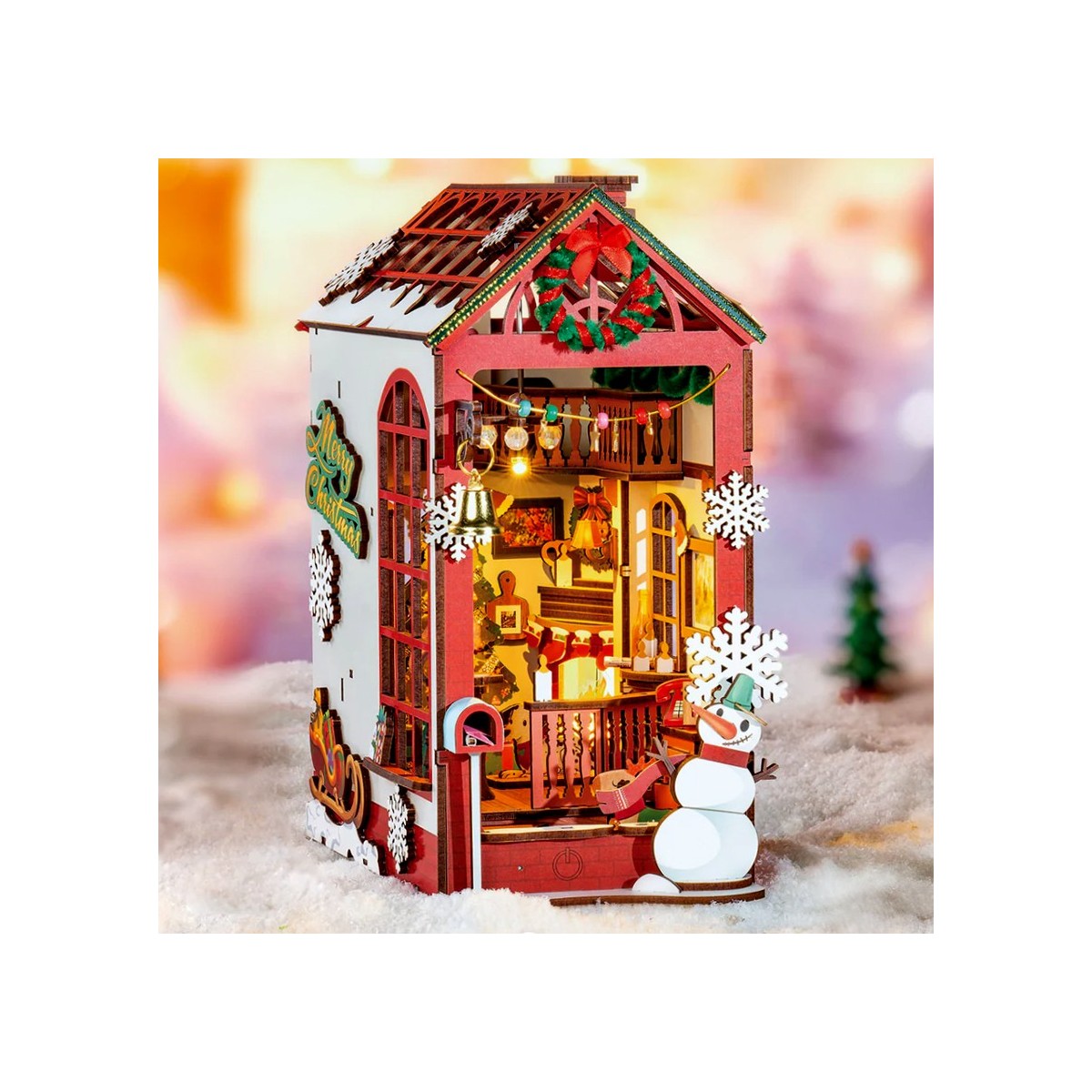 Maquette en bois lumineuse Serre-livres Noël Au coin du feu