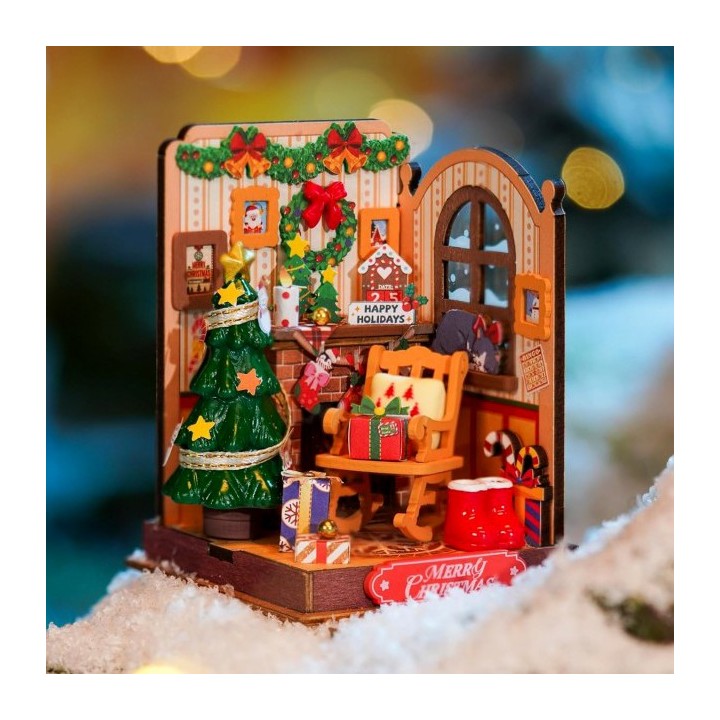 Maquette en bois Scène miniature Noël au coin du feu