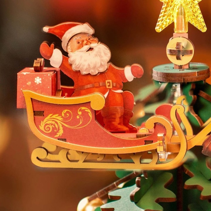 Maquette en bois animée musicale lumineuse Sapin de Noël
