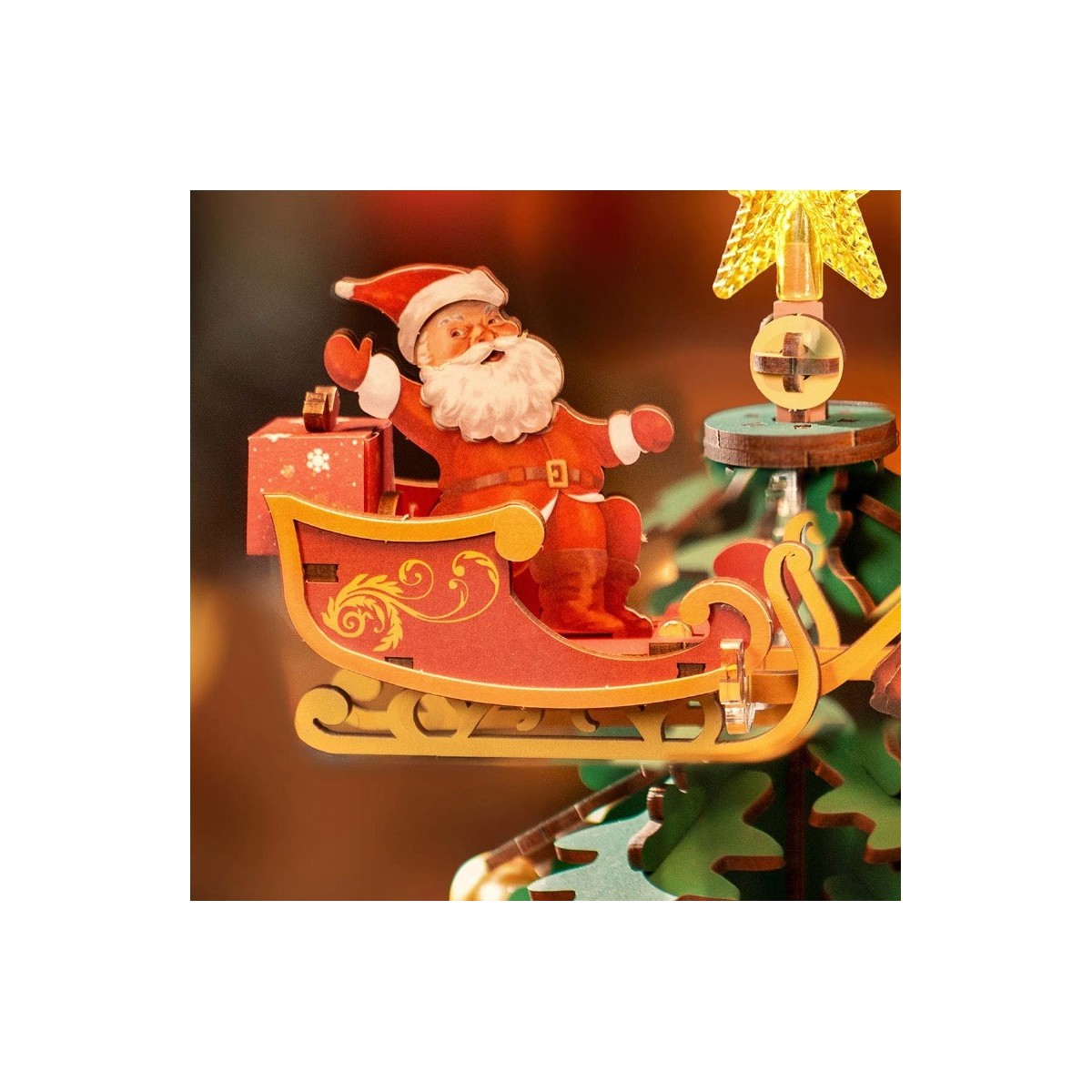 Maquette en bois animée musicale lumineuse Sapin de Noël