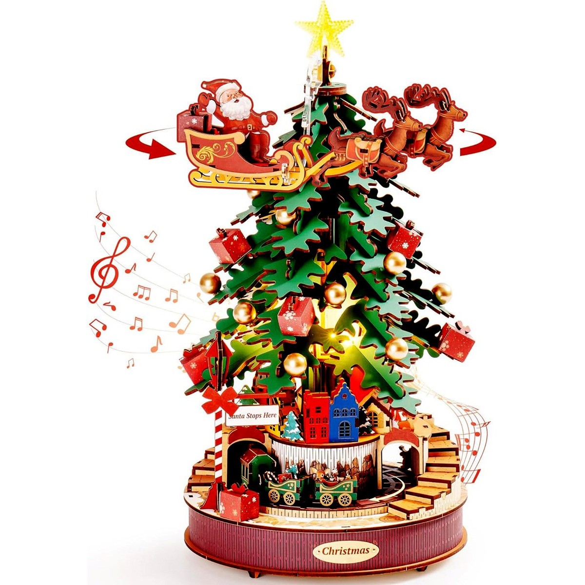 Maquette en bois animée musicale lumineuse Sapin de Noël