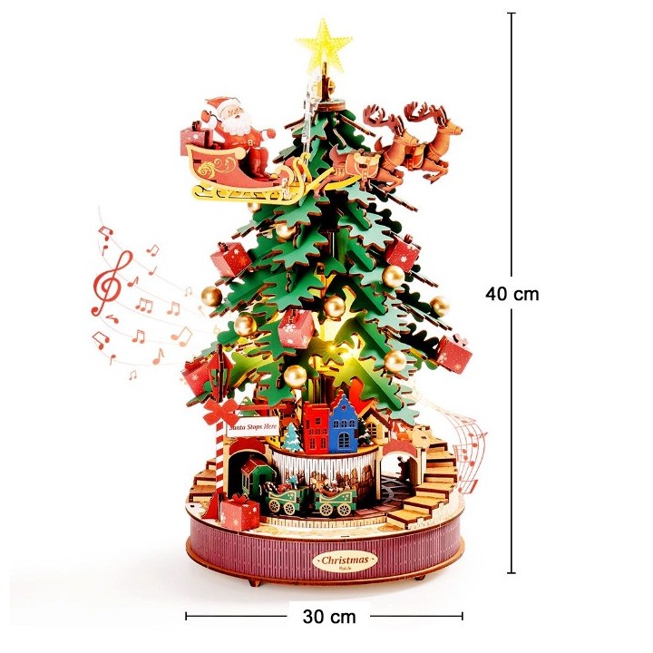 Maquette en bois animée musicale lumineuse Sapin de Noël