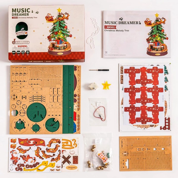 Maquette en bois animée musicale lumineuse Sapin de Noël