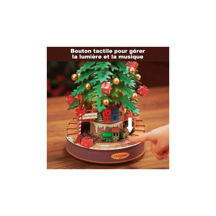 Maquette en bois animée musicale lumineuse Sapin de Noël