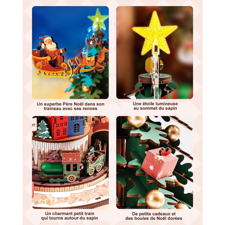 Maquette en bois animée musicale lumineuse Sapin de Noël