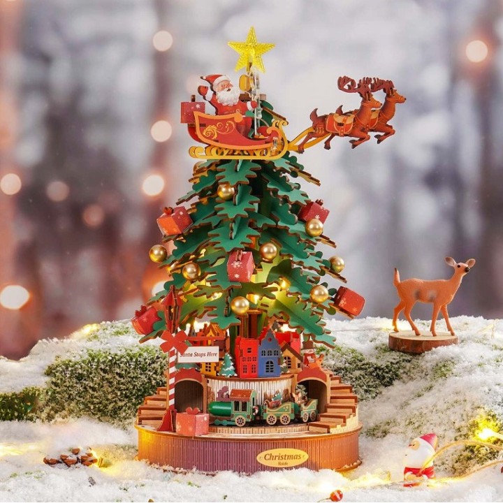 Maquette en bois animée musicale lumineuse Sapin de Noël