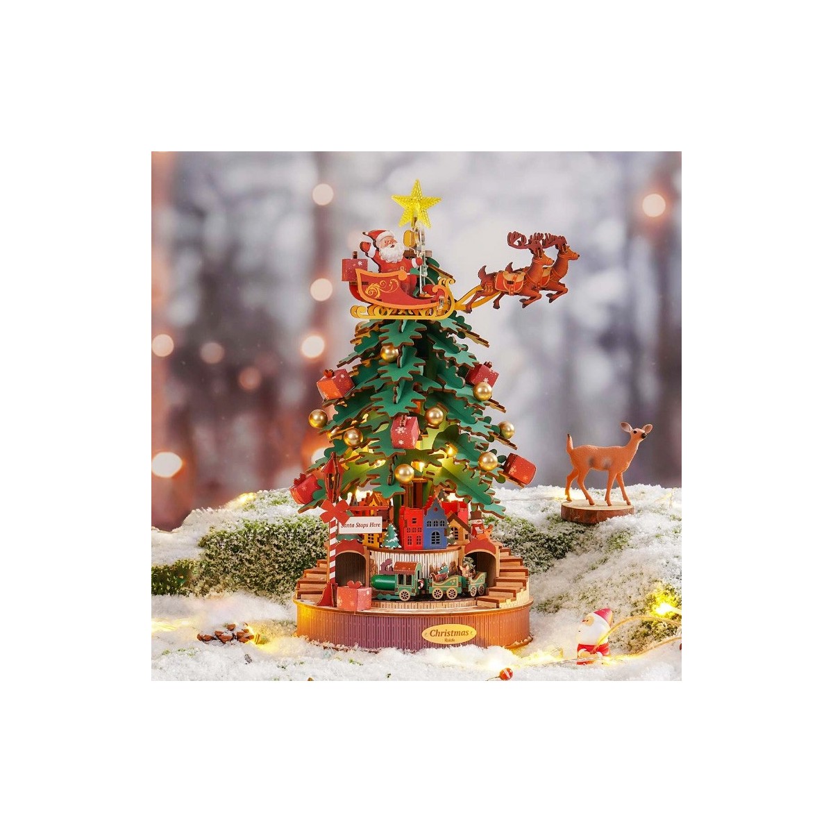 Maquette en bois animée musicale lumineuse Sapin de Noël