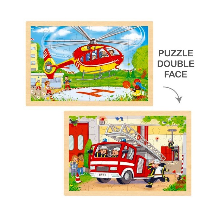 Puzzle cadre enfant en bois Pompiers recto verso 24 pièces