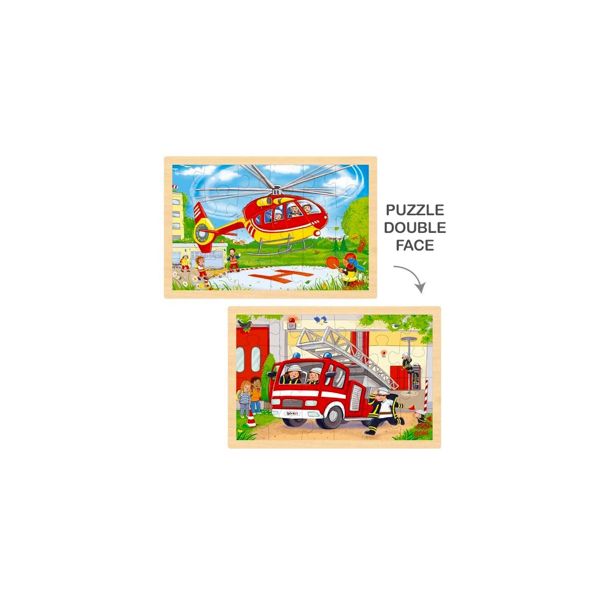 Puzzle cadre enfant en bois Pompiers recto verso 24 pièces