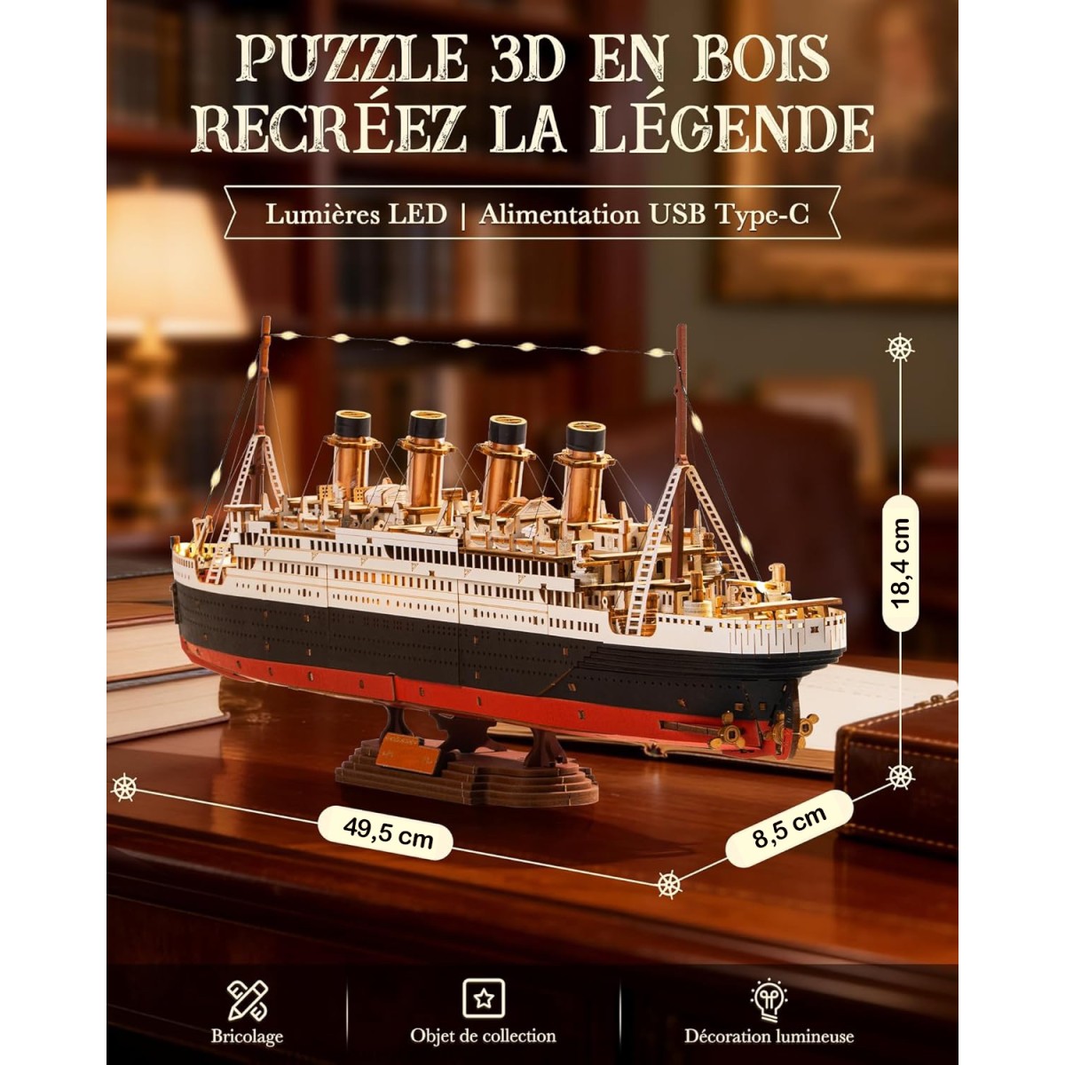 Maquette en bois lumineuse paquebot Titanic