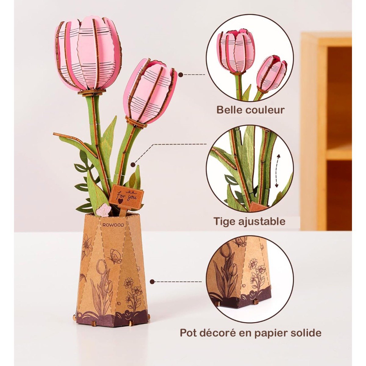 Maquette en bois Fleur Tulipe rose