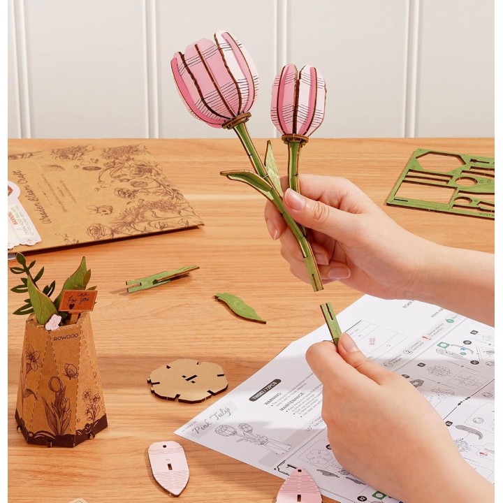 Maquette en bois Fleur Tulipe rose